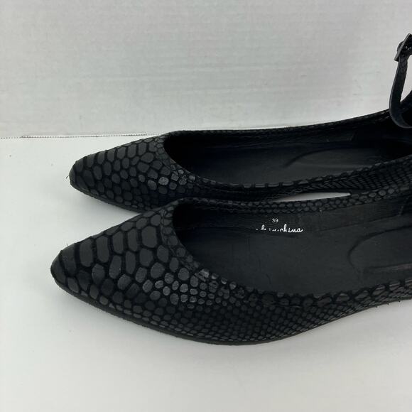 Joie Sz 9 Temple Black Embossed Leather Ankle Wrap Ballet Flats Pointed Toe - Picture 2 of 16